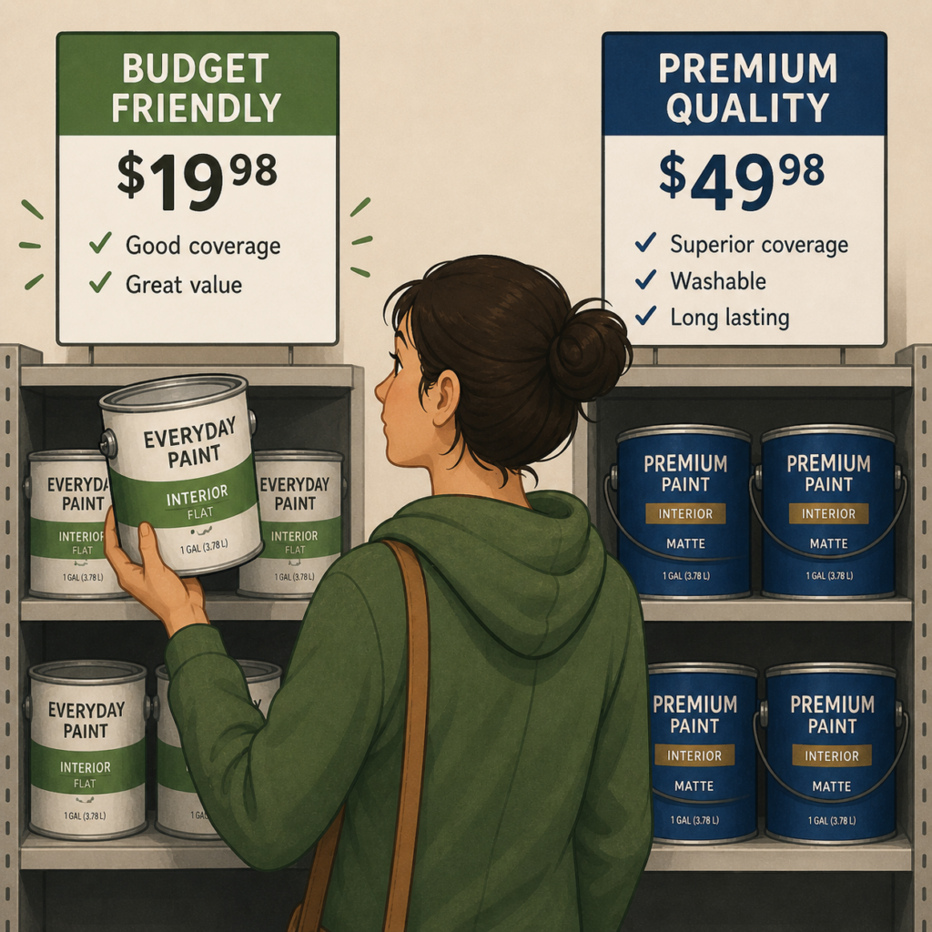 A woman in a paint store is considering whether to purchase premium or budget friend paint and she chooses the cheaper option.
